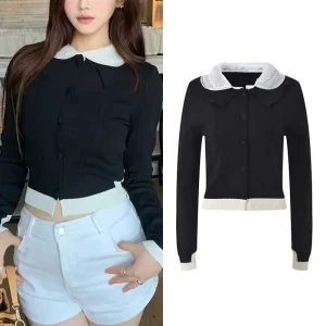 ort Knitted Cardigan Top with Ruffle Collar Splicing Design Bla White Color Blo Doll Collar Sle Commute Faion Women... - AliExpress Sweaters&Jumpers