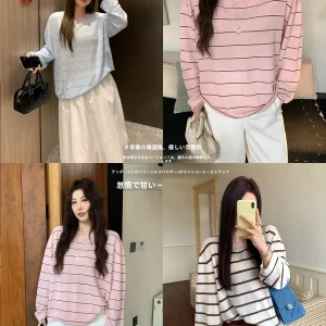NAZ Large Size round Ne Striped Knitwear Casual Loose Fit Women's Top Silk Lyocell Spring Faion Ele Loose Version - AliExpress Sweaters&Jumpers