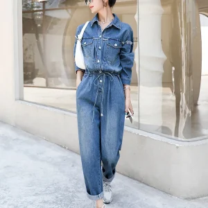 Faionable Denim Overalls Set Women's Spring Summer Slimming High Waist Straight Leg Workwear One-Piece Suit Anti-Aging - AliExpress Jumpsuits&Rompers