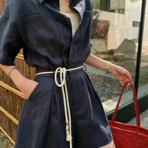 Ele Linen Jumpsuit Dstring Waist Collared Commute Pants Women's Faion Summer 2024 Thin Wide Leg Belted kets - AliExpress Jumpsuits&Rompers