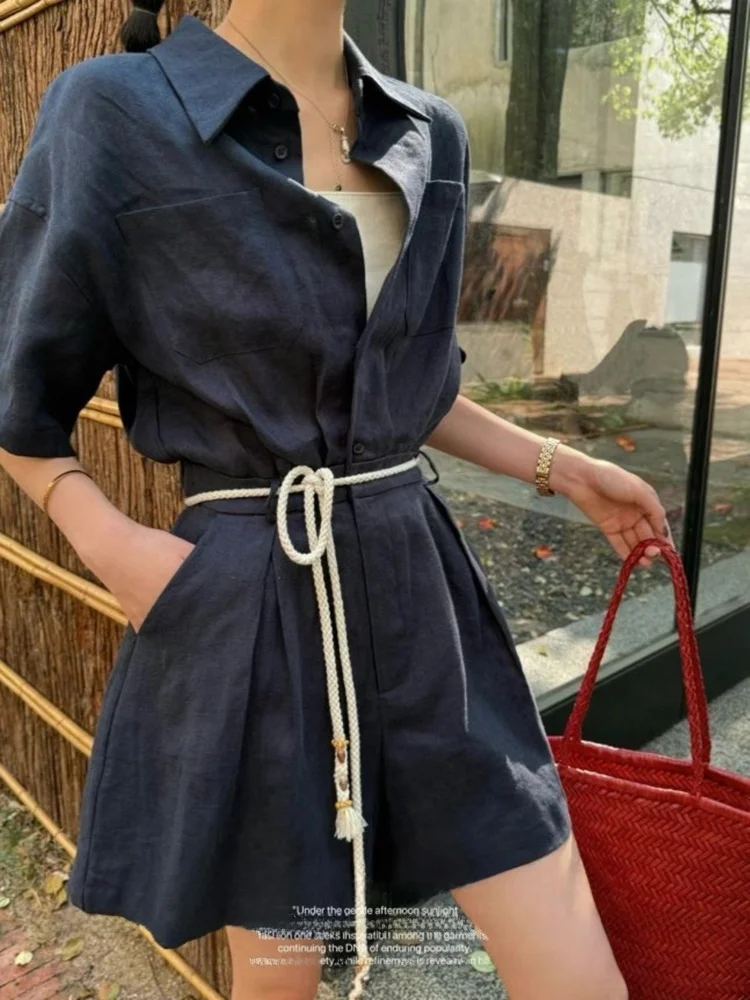 Ele Linen Jumpsuit Dstring Waist Collared Commute Pants Women's Faion Summer 2024 Thin Wide Leg Belted kets - AliExpress Jumpsuits&Rompers