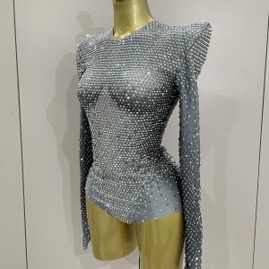 Sparkle Silver Rhinestones Long Sleeve Stretch Bodysuits New Women Evening Luxury Birthday Party Sexy Nightclub Stage Costu - AliExpress Jumpsuits&Rompers