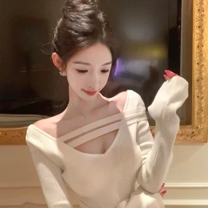 J Studio Self-Kee Tee-Color Slim Fit Knitted Base irt V-Ne oulder Bared Sexy Sle Long Sve Winter Faion - AliExpress Sweaters&Jumpers