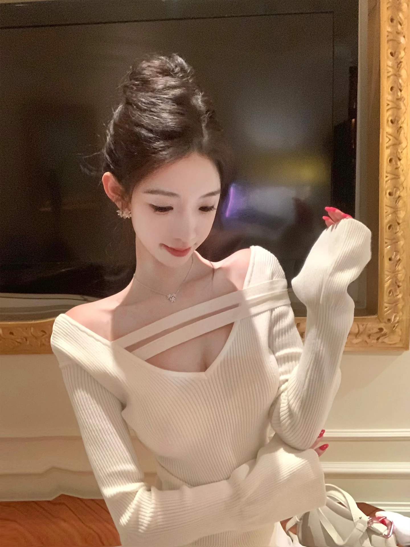 J Studio Self-Kee Tee-Color Slim Fit Knitted Base irt V-Ne oulder Bared Sexy Sle Long Sve Winter Faion - AliExpress Sweaters&Jumpers
