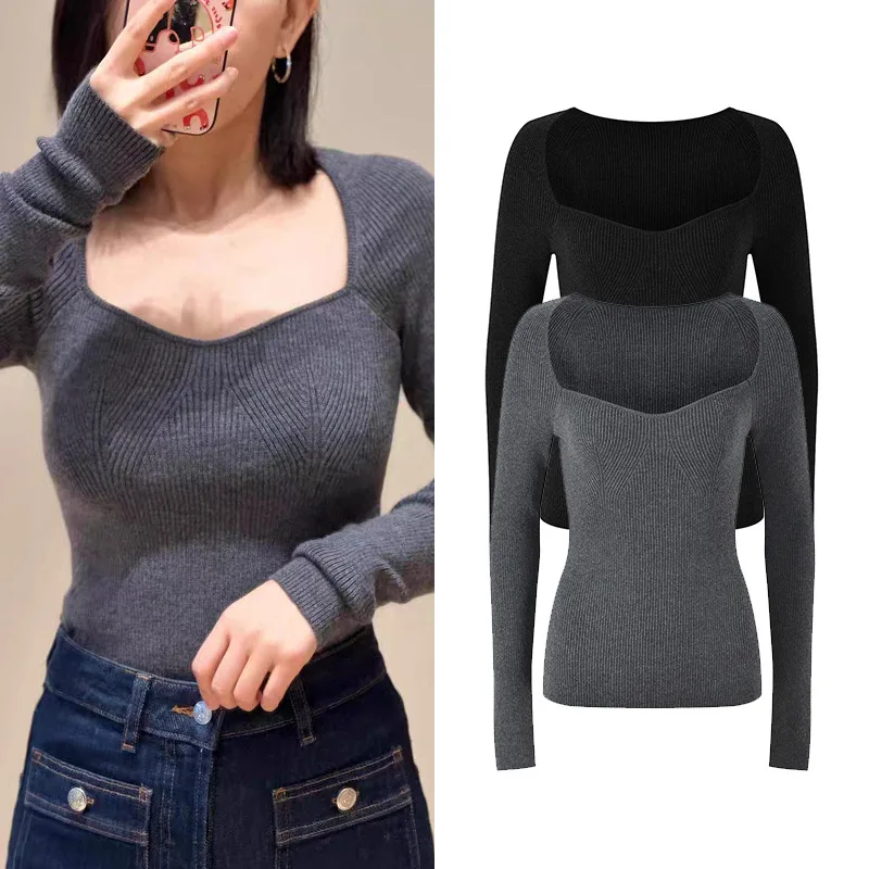 Slim Fit Knitted irt Square Collar Faionable Versatile Ele Sle Commute Wind Ultra Thin Color Women's Top - AliExpress Sweaters&Jumpers