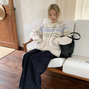 Fretaro Salted Matcha Loose Long Sve Knitted Open Cardigan Thi Needle Knitwear round Ne Striped Sweater for Women - AliExpress Sweaters&Jumpers