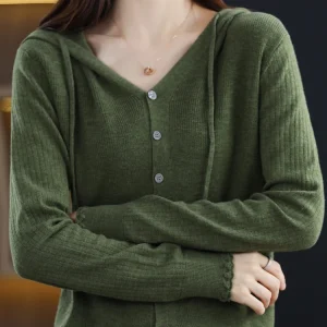Spring Autumn Merino Wool Knitwear Sweater Hooded Solid Color Stripe Women's Cardigan Single Breasted Lace Loose Soft Tops Basic - AliExpress Sweaters&Jumpers