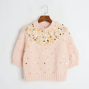 2024 Spring Summer Short Sleeve Pink Sweater Sequins - AliExpress Sweaters&Jumpers