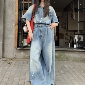 Summer Women Short Sleeve Casual Denim Jumpsuits High Waist Hollow Out Fashion Single Breasted Female Wide Leg Cargo Rompers - AliExpress Jumpsuits&Rompers