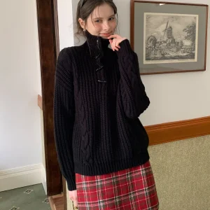 Bla Casual Loose Knitted Sweater EGGKA Button Stand Collar Long Sve Thermal Top for Women Daily Wear Comfortable Wool Blend - AliExpress Sweaters&Jumpers