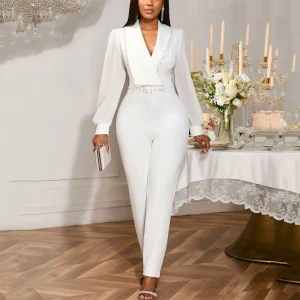 Elegant Jumpsuits & Rompers for Woman White V Neck Full Sleeve Beaded High Quality Ladies Birthday Party Dinner Overalls Outfits - AliExpress Jumpsuits&Rompers