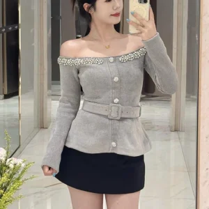High-End Knitted Diamond Embellied One-oulder Women's Top Ele Commute Sle Mid-Thi Long Sve Breathable Ladies' ... - AliExpress Sweaters&Jumpers