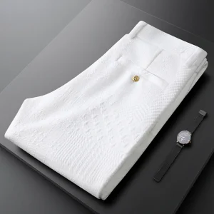 White knit jacquard casual pants men slim slim straight leg simple everything autumn men business pants - AliExpress Pants
