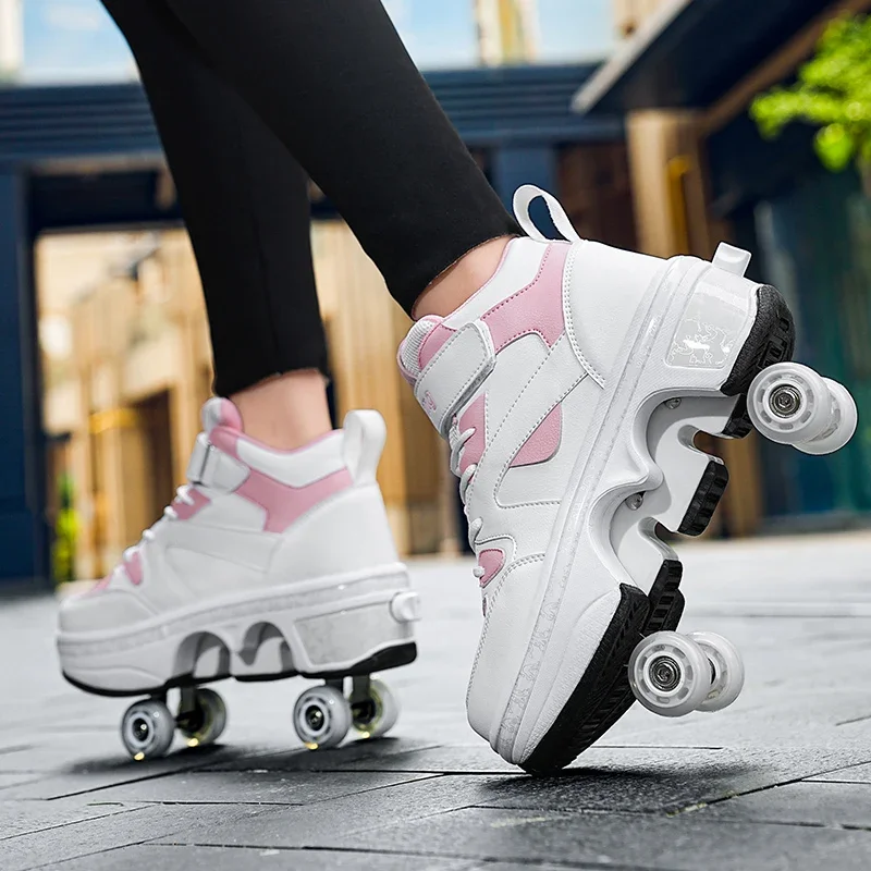 Women's High Top 4 Wheel Roller Shoes Fashionable Unisex Automatic Pop-up Sneakers With Wheels Dual-purpose Skating Casual Shoes - AliExpress Sneakers
