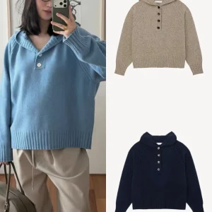 East Gate Henry Collar Hooded Knitted Sweatirt Women's Simple Loose Button Design Overhead Top Skin-friendly Breathable - AliExpress Sweaters&Jumpers
