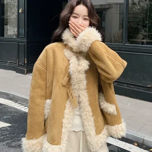Yellow Short Lamb Fur Jacket Women's Thickened Fleece Inner Integrated Leather And Fur Autumn Winter New Style Casual Loose Fit - AliExpress Sweaters&Jumpers