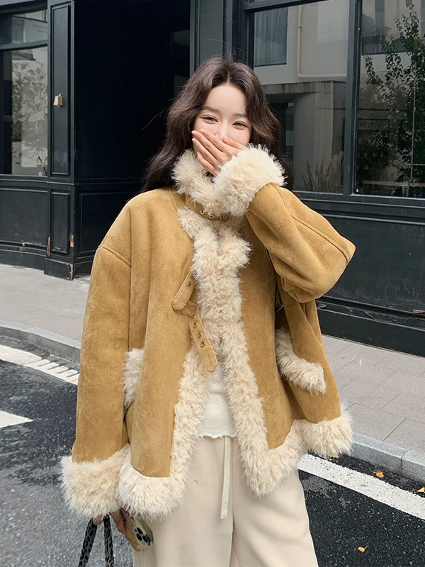 Yellow Short Lamb Fur Jacket Women's Thickened Fleece Inner Integrated Leather And Fur Autumn Winter New Style Casual Loose Fit - AliExpress Sweaters&Jumpers
