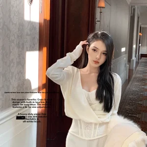 Sweet Versatile Long Sve Knitted Sweater Women's Inner Wear Fake Two-Piece Bra Top Lienni2024 Autumn Winter New Arrival - AliExpress Sweaters&Jumpers