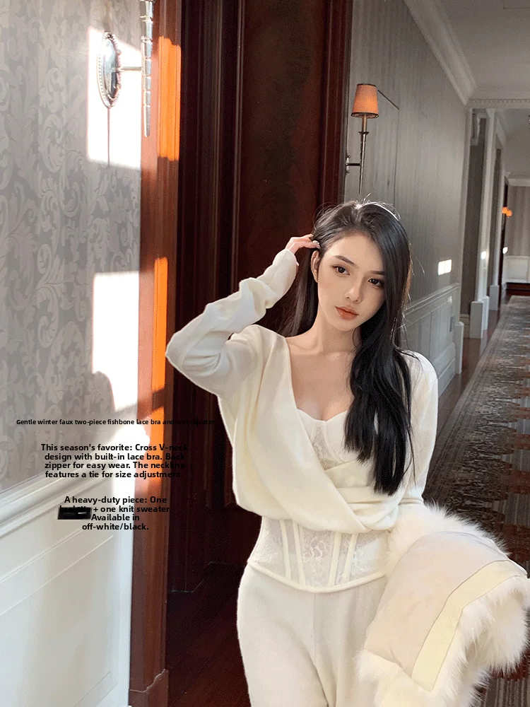 Sweet Versatile Long Sve Knitted Sweater Women's Inner Wear Fake Two-Piece Bra Top Lienni2024 Autumn Winter New Arrival - AliExpress Sweaters&Jumpers