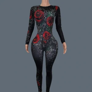 Sparkly Rhinestone Rose print Jumpsuit for Women Sexy Birthday Celebrate Party Shapely Bodysuit Stage Performance Wear Meiguiku - AliExpress Jumpsuits&Rompers