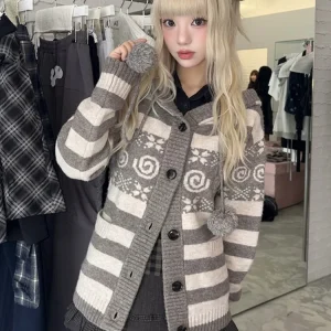 Y2K Sle Hugyourskin Striped Knitwear Hooded Loose Thiened Women's Sweater Cardigan Outerwear Casual Loose Fit Cotton Long... - AliExpress Sweaters&Jumpers