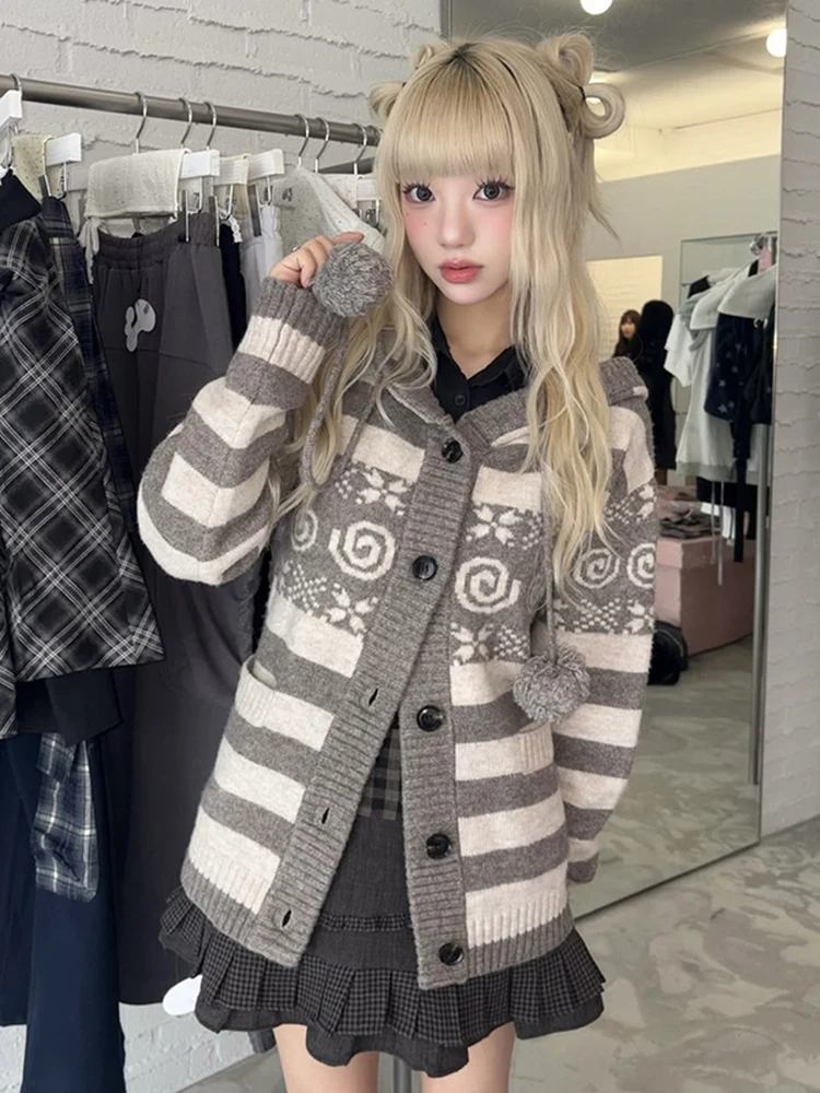 Y2K Sle Hugyourskin Striped Knitwear Hooded Loose Thiened Women's Sweater Cardigan Outerwear Casual Loose Fit Cotton Long... - AliExpress Sweaters&Jumpers