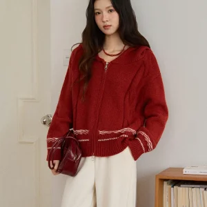 MISHOW Christmas Retro Red Sweater 2025 Autumn Winter Hooded Zipper Contrast Color Stripes Cardigan Woman Clothes MXE51Z2697 - AliExpress Sweaters&Jumpers