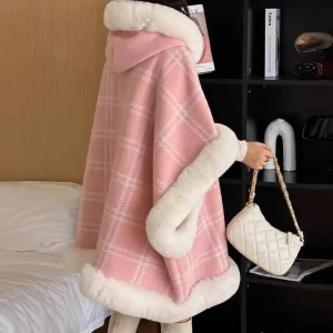 Warm Faux Fur Wool Blends Cape Hood Coat Fashion Plaids Winter Thicken Lining Cloak Batwing Outerwear Women New Year Gift - AliExpress Sweaters&Jumpers