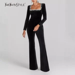 TWOTWINSTYLE Solid Minimalist Jumpsuits for Women Square Neck Long Sleeve Patchwork Diamonds Slimming Jumpsuit Female Clothing - AliExpress Jumpsuits&Rompers