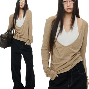 JIKOO Modal Silk Fake Two-Piece Long Sve Ne Hanging Women's Top Casual Sle Slim Fit V-Ne Elastic Bandage Knitted Swe... - AliExpress Sweaters&Jumpers