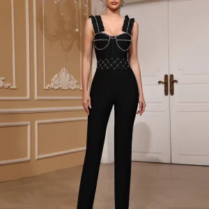 Sexy V Neck Diamonds Ruffles Patchwork Bandage Jumpsuit Women Black Sleeveless Crystal Jumpsuits Evening Party Cocktail Clubwear - AliExpress Jumpsuits&Rompers