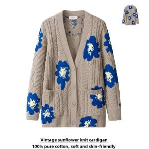 Retro Sle Thiened Cotton Knitted Cardigan Women's Loose V-Ne Sweater Coat Sle Suower Pattern Long Sve Coat - AliExpress Sweaters&Jumpers