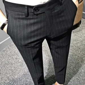Men's Slim Fit Trousers Summer Elastic plus Size Korean Plaid Faionable Small Foot Pants High Waist Workwear Striped Pattern - AliExpress Pants