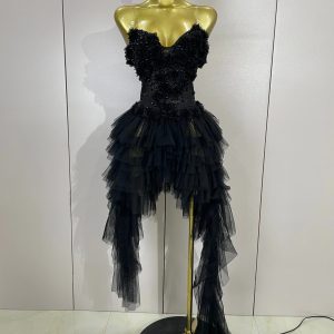 Luxury Black Bodysuits Dress Strapless Flowers Pearl Mesh Asymmetric Dress Women Evening Party Birthday Photoshoot Stage Wear - AliExpress Jumpsuits&Rompers