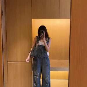 American Sle Vintage Ripped Denim Overalls Women High Waist Wide Leg Loose Slimming  Pants Trendy Spring 2026 - AliExpress Jumpsuits&Rompers