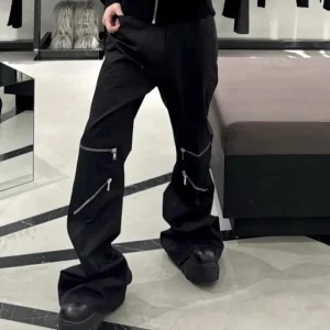 High Street Men's Pants Zipper Design Casual Pants Streetwear Men Trousers Black Full Length Men's Clothing - AliExpress Pants