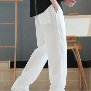 00% White Linen Men's Loose Straight Casual Pants High-End Cotton Linen New Chinese Tang Costume Pants Breathable Summer Wear - AliExpress Pants