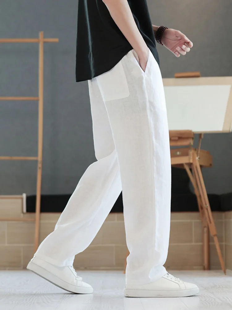 00% White Linen Men's Loose Straight Casual Pants High-End Cotton Linen New Chinese Tang Costume Pants Breathable Summer Wear - AliExpress Pants