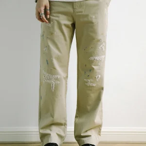 Retro Distred Ink Splatter Hollow Embroidery Loose Chino Casual Straight Leg Pants MBBCAR Slim Fit Long Trousers - AliExpress Pants