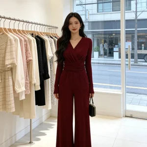 Ele Wine Red One-Piece Pants for Women V-Ne Waist-Cinching Asymmetrical Pleats Faionable Commute Sle Long Pants - AliExpress Jumpsuits&Rompers