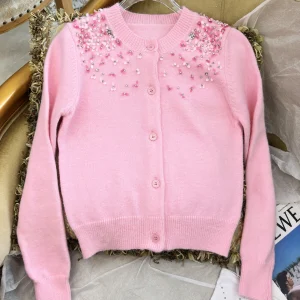 2025 Autumn Clothes New Heavy Industry Beaded Sweet Girl Pink Cardigan Fashion Design Buckle Loose Knitted Sweater Coat Women - AliExpress Sweaters&Jumpers