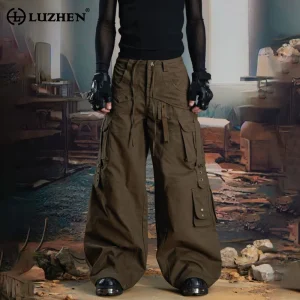 LUZHEN 2025 New Solid Color Ribbon Decorate Multi Pockets Design Straight Cargo Trousers Men's Fashion Loose Casual Pants JY4982 - AliExpress Pants