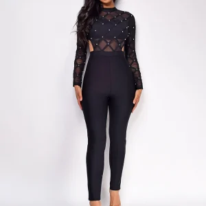 Black Mesh Cutout Jumpsuit With Crystal Embellishment 2026 Women's Elegant Formal Jumpsuit Bodycon Evening Party Woman Clothing - AliExpress Jumpsuits&Rompers