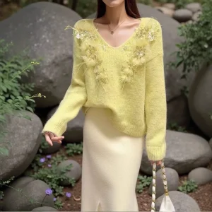 Mixed Wool Knitted Sweater V-Ne Lazy Sle Autumn Winter Thiened Casual Faion Floral 3D Embroidery Women's Premium Sweater - AliExpress Sweaters&Jumpers