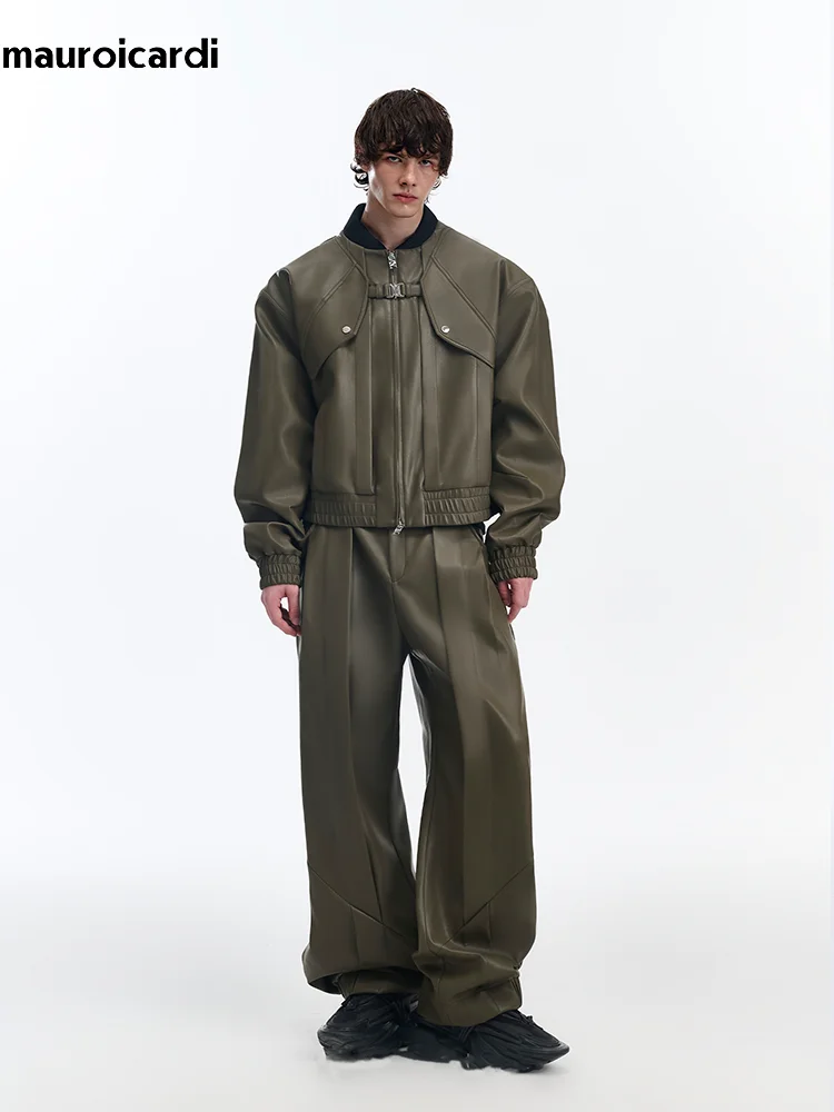 Mauroicardi Spring Autumn Long Cool Baggy Pleated Pu Leather Wide Leg Pants for Men High Waist Luxury Mens Designer Clothes 2025 - AliExpress Pants