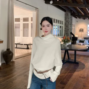 Binguo Soft Cozy Loose Knitted Top Women's f High Collar Muffin White Early Spring Lazy Sle Base Layer irt - AliExpress Sweaters&Jumpers