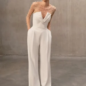 Ele White Two-Piece Suit Long Pants Me Beaded Jumpsuit Casual Evening Dr Women's Faionable All-Match Straight Tube - AliExpress Jumpsuits&Rompers