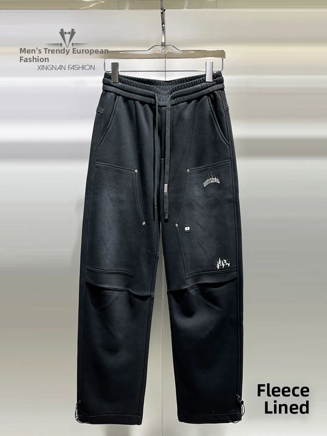 Men's Thiened Fce Lined Casual Pants Winter 2025 Loose Straight Leg Design Embroidered Label Versatile Faionable Trousers - AliExpress Pants