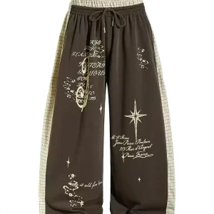 American Style Retro Letter Printing Wide Leg Pants Unisex Loose Drawstring Plaid Splicing Design Casual Fashionable Pants - AliExpress Pants