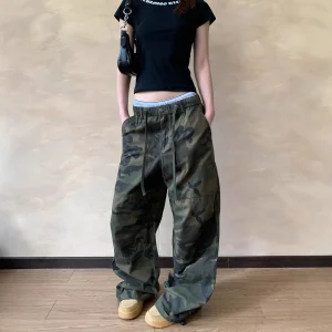 Retro American Street Camouflage Loose Straight Leg Casual Pants Men Women Drawstring Elastic Waist Versatile Trousers - AliExpress Pants